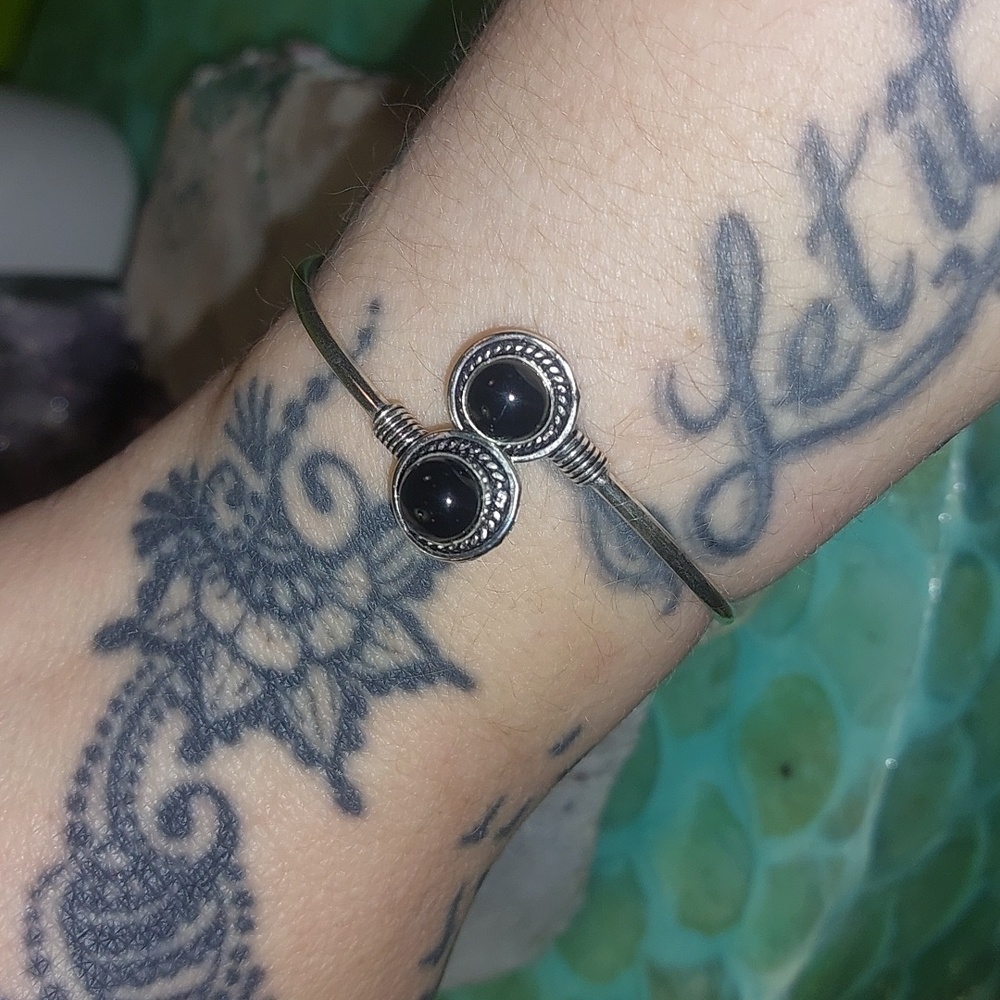 Double Stone Black Onyx Adjustable Bangle Bracelet - Picture 4 of 4